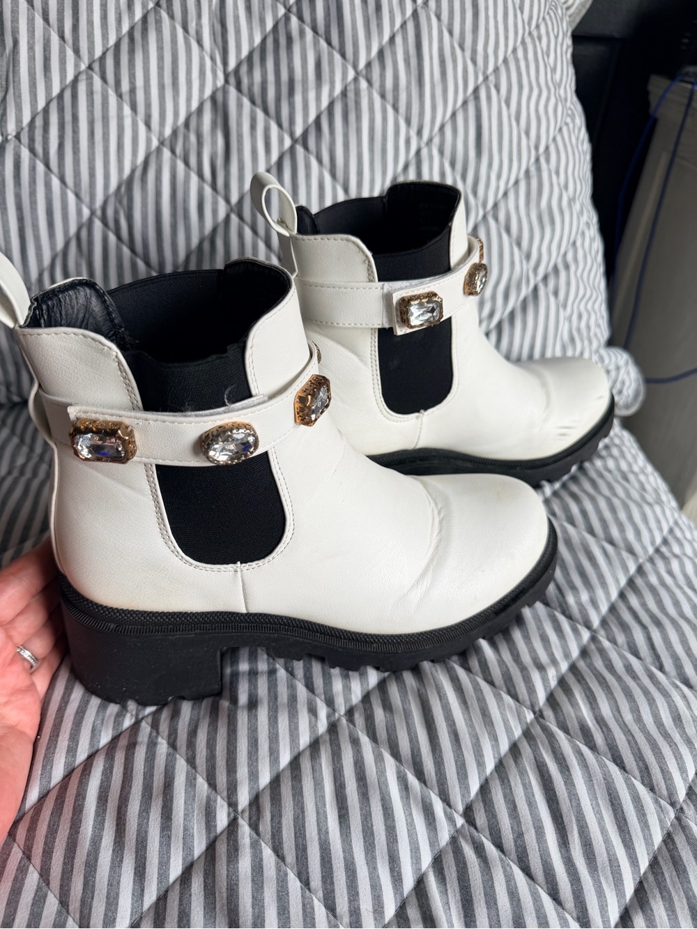 Sugar White Chelsea Ankle Boots with Jeweled Strap